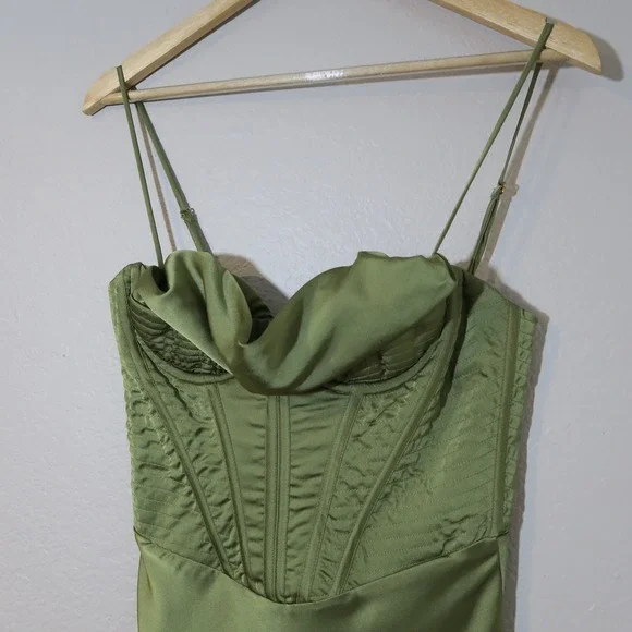 House of CB Myrna Olive Corset Satin Slip Dress Timeless Elegant - Picture 3 of 14